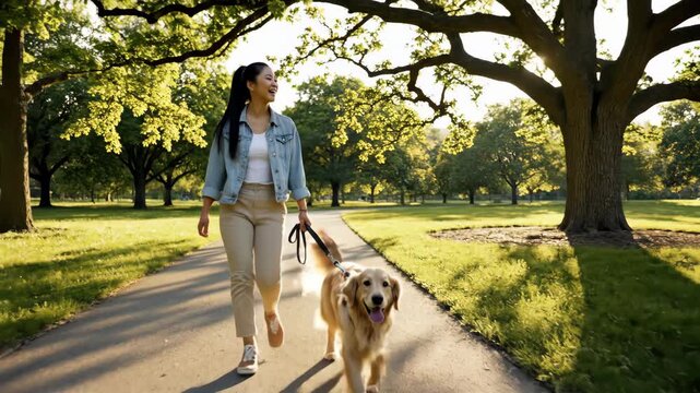 Woman walking golden retriever dog on sunny park path with trees and grass