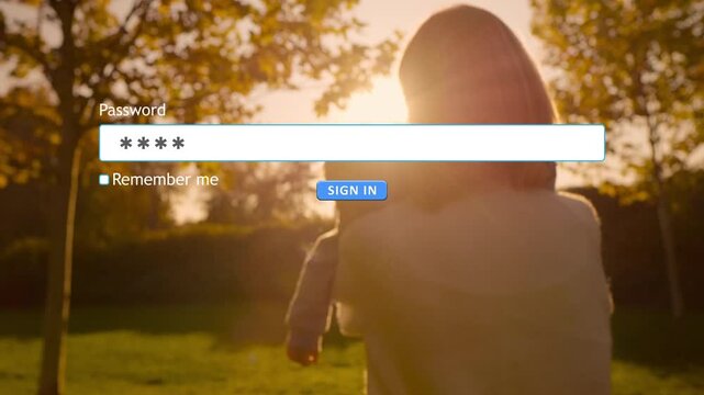 A user types a password into a website form while holding a child. The background features a garden with trees and sunlight filtering through branches.