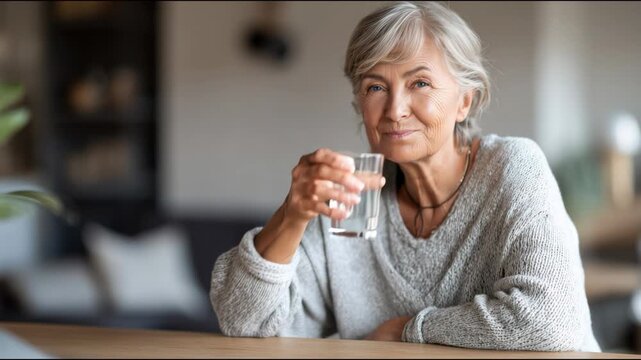 Healthy mature woman sitting at a table smiling and drinking a glass of fresh pure water