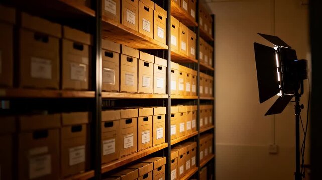 Focused medium shot of a small archive room showcasing dense compact shelving with clearly marked storage boxes softly blurred walls and lighting equipment framing the scene.