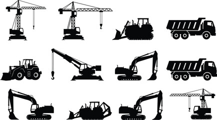 Obraz premium Black Silhouette Vector Illustration Set of Construction Heavy Machinery Including Excavators Tower Cranes Dump Trucks Bulldozers and Mobile Cranes for Industrial Building Site Projects