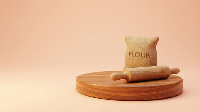 Flour sack and rolling pin on wooden board