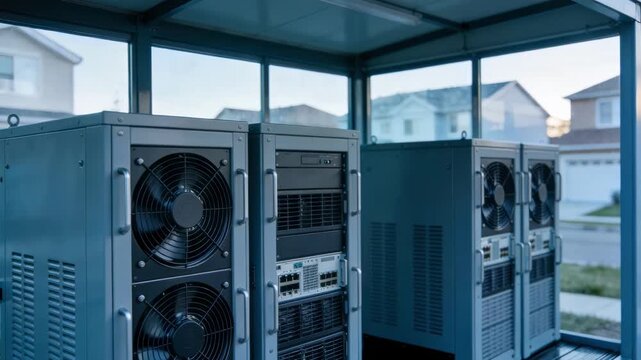 Medium shot of additional edge computing racks in a suburban hub shelter highlighting cooling systems with softfocused residential houses beyond.