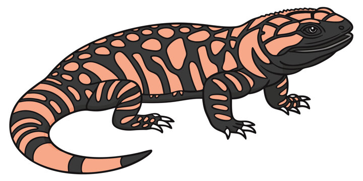 "A professional, ultra high-resolution 3D photorealistic render of a Gila monster (Heloderma suspectum), isolated on a solid white background. The lizard is shown in a full-body side profile, featurin