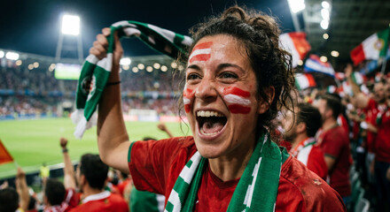 Obraz premium Austrian Female Soccer Fan Cheering with Face Paint in Stadium