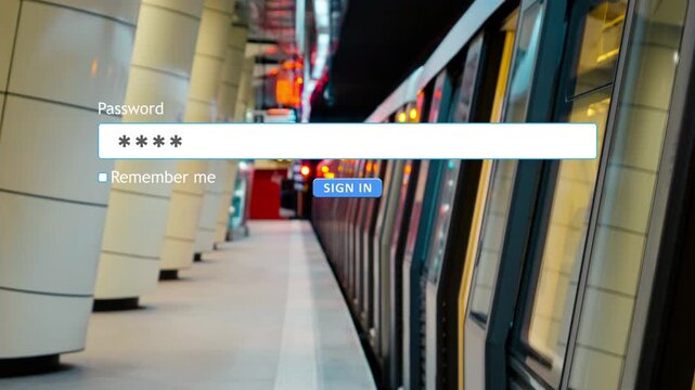 User types a password in a website form box while at a subway station. The background shows the train and station lights. This action takes place in a public transport area.