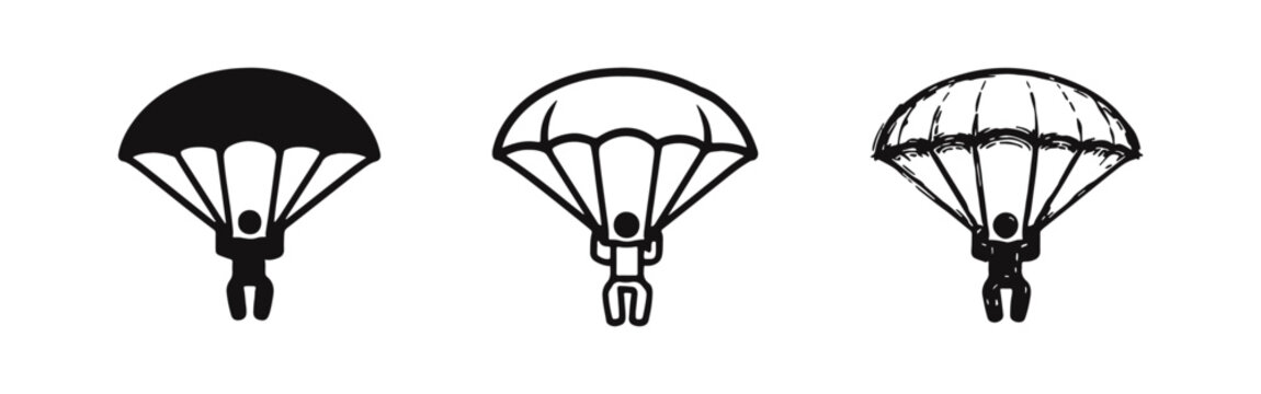 Parachutist Skydiving Icons. Extreme Sport Skydiver with Parachute Symbols in Vector and Hand-Drawn Style.