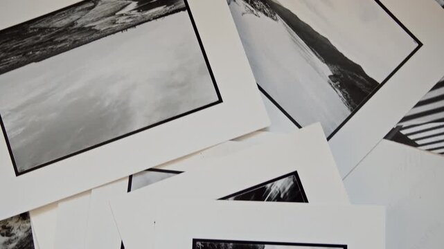 High angle tilt up no people shot of black and white nature photographs with mat boards scattered on table and prepared for exhibition display
