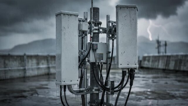 Medium shot of a hardened communication hub featuring stormresistant antennas sharply in focus while protective barriers and weather elements blur in the distance.