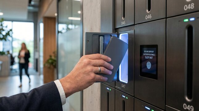 Man using smartphone to unlock smart locker in modern office