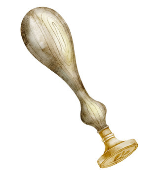 Watercolor illustration of vintage wax seal stamp with wooden handle and brass base for imprinting. Antique stationery tool on isolated background for letter design, craft projects, branding.