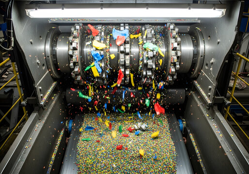Detailed close-up of a powerful industrial shredder machine grinding colorful plastic materials into small pieces, illustrating recycling and waste management processes, isolated on transparent backgr