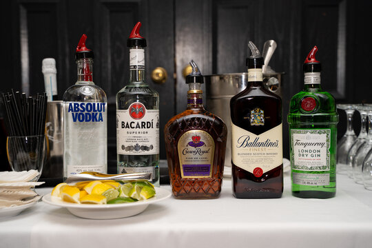 Row of liquor bottles on bar counter with lemon and lime slices. Toronto, Canada - March 7, 2026.