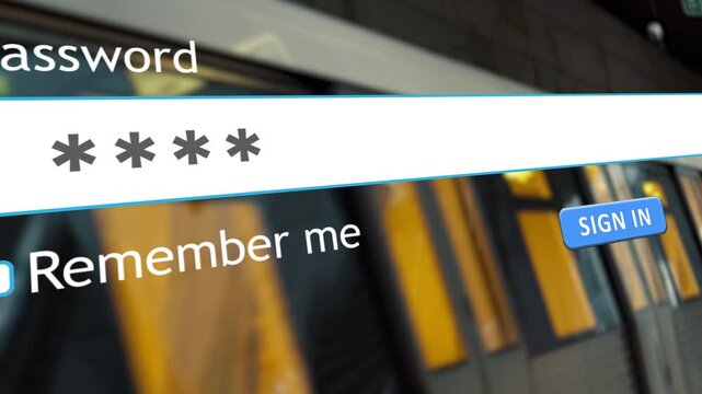 A user types their password into a website form in an internet browser. The setting shows a subway background, indicating public transport use.