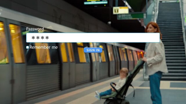 User types password into website form on a computer while sitting near subway platform. Background shows subway train approaching as public transport users wait.