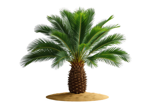 Tropical sago palm tree growing from sand, isolated for beach vacation and summer design elements
