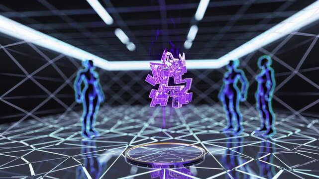 neon avatars assemble floating purple cube inside grid arena, multiracial silhouettes observe transformation as cube fractures into puzzle modules, immersive metaverse collaboration vibe