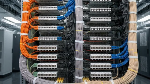 Medium shot of hospital structured cabling rack concentrating on neatly labeled patch fields and organized cables with peripheral network equipment out of focus.