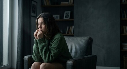 Obraz premium A young woman sitting alone in a dark room