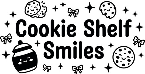 Fototapeta premium Cookie shelf smiles cheerful text with happy cookies and jars line art