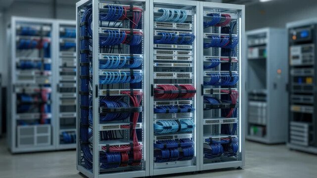 Newly installed carrier racks in a meetme room with focused dense cabling and blurred peripheral equipment showcasing the organized infrastructure in sharp detail.