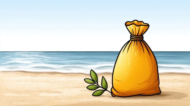 Garbage bag on beach bag of refuse discarded on sandy shore polluting natural environment