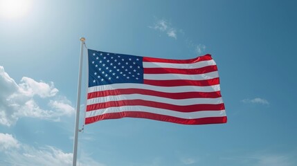 Fototapeta premium The American flag waves proudly against a brilliant blue sky with wisps of clouds symbolizing freedom and national pride under the sun.