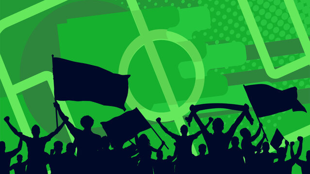 Soccer fans silhouette with flags on green background, football stadium banner with cheering crowd, vector