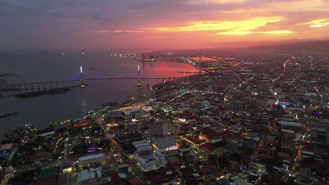 Cebu City, Philippines - Aerial Sunset View with Glowing Urban City Lights