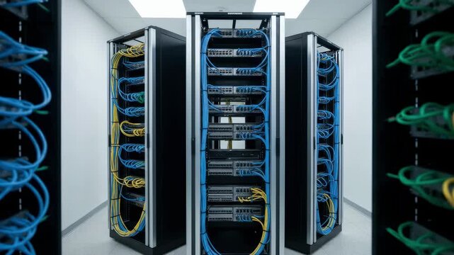 Medium shot of an organized telecom equipment room in a data center focusing on rackmounted patch panels with cables out of focus.
