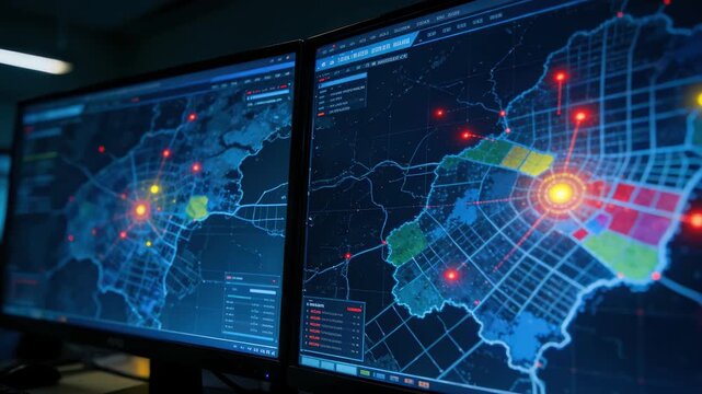 Sharp focus on detailed coverage maps and fluctuating alarm indicators on a video wall against dimmed lights in a calm night shift setup.