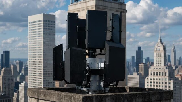 Midrange shot of a rooftop cellular array on a city tower highlighting the antenna panels in focus and blurred cityscape stretching beyond.
