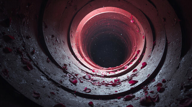 Dark tunnel with red light and rose petals on concrete