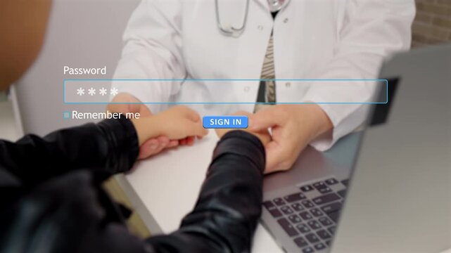 A user fills in a password into a sign in form on a medical website. A doctor is visible in the background, adding context to the sign in action.