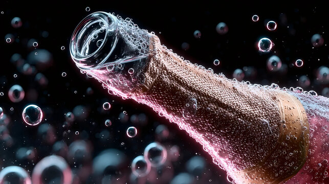 Champagne bottle neck exploding with pink bubbles, ice shards, and sparkling liquid in dramatic close-up