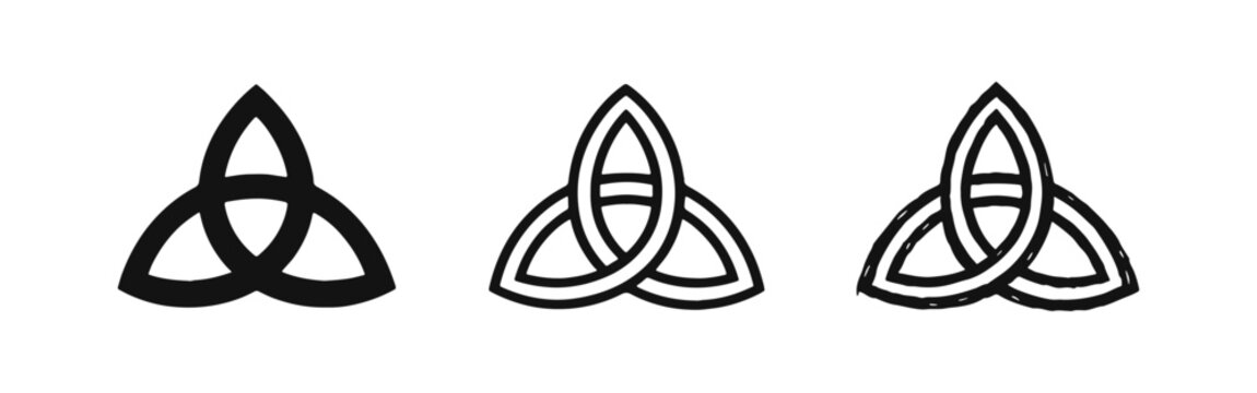 Triquetra or Trinity knot symbol icon set in solid, outline, and hand-drawn styles, representing Celtic heritage or Christian Trinity.