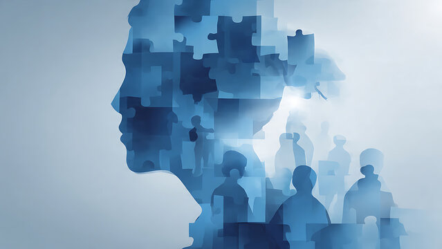Abstract Human Profile with Puzzle Pieces and Social Silhouettes