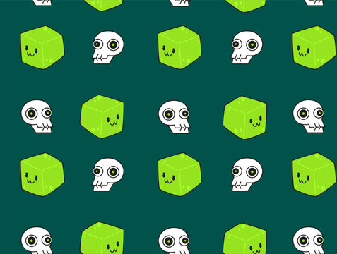 Spooky yet cute cartoon gelatinous cube character showing visible swallowed skulls trapped within its toxic green ooze on a black background. Striking illustration suitable for Halloween graphics, got