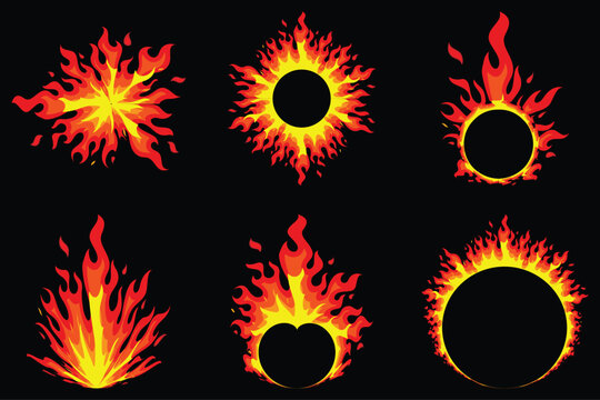 Collection of bright fire flame shapes and solar eclipse effects isolated on black background. Abstract glowing energy, heat, explosion and burning elements for design use.