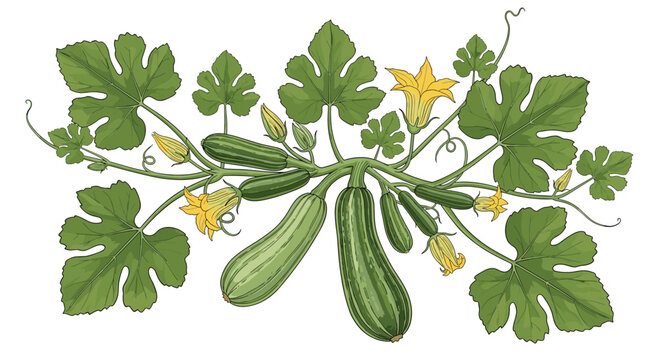 Beautiful botanical illustration of a zucchini plant featuring several green zucchinis in various sizes, vibrant yellow flowers, and broad green leaves on a white background.