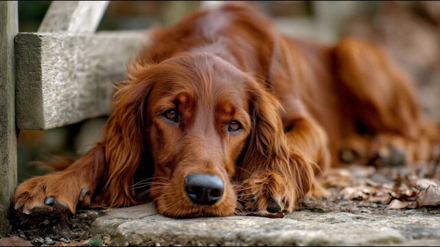 Beautiful purebred irish setter with sad eyes lying down on a stone path next to a wooden bench