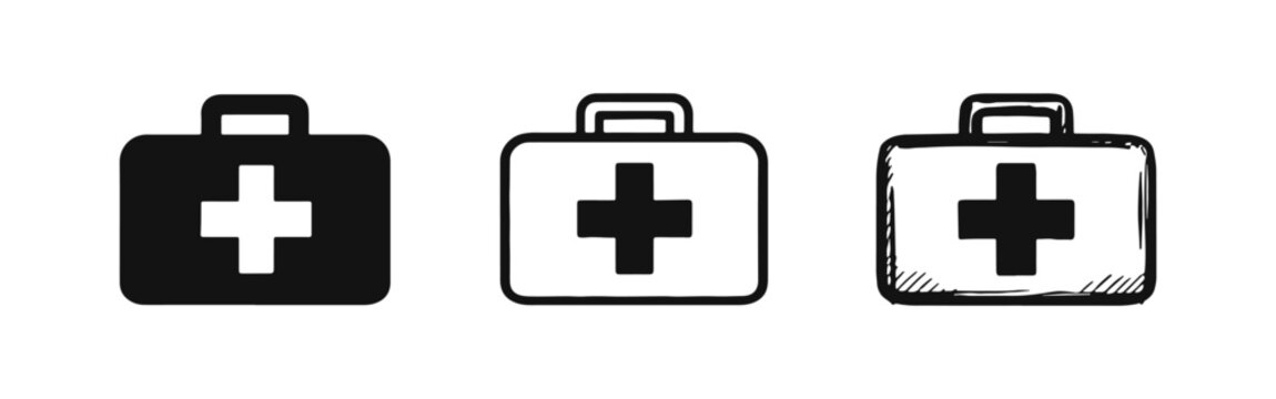 Hand drawn first aid kit icon set with medical cross in solid, outline, and sketch styles.