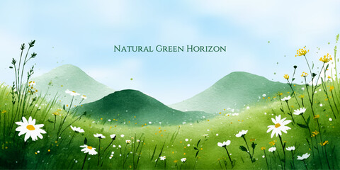 Naklejka premium Watercolor mountain landscape with green meadows and white daisies under blue sky. Natural spring scenery perfect for posters, cards, and nature-inspired designs.
