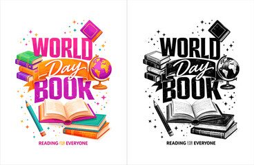 Obraz premium World Book Day vector illustration with colorful lettering, stacked books, globe, pencil and open book. Education concept design for reading, learning, literacy and school celebration.