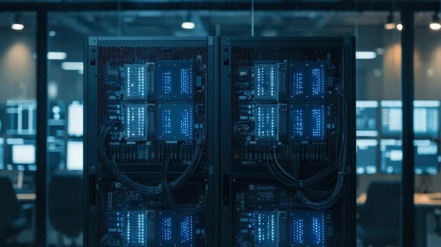 Medium shot of hightech servers glowing with blue lights highlighting blockchainsecured land records storage with blurred consoles in the background for tamperproof authentication.