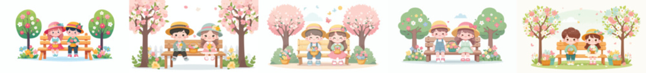 Fototapeta premium Vector of children sitting on a park bench after picking flowers in spring