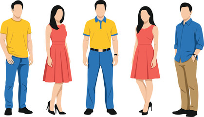 Fototapeta premium Flat illustration of diverse young people standing in casual outfits, modern fashion style, isolated characters set, lifestyle clothing concept design