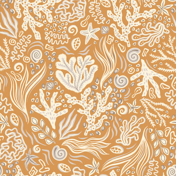Sunny Seashells and Seaweed Sea Life Summer Seamless Pattern, Vector Marine Illustration in Gold Beige Monochrome Color Bohemian Style for Fashion Fabric Textile Design or Wrapping Paper Backgrounds