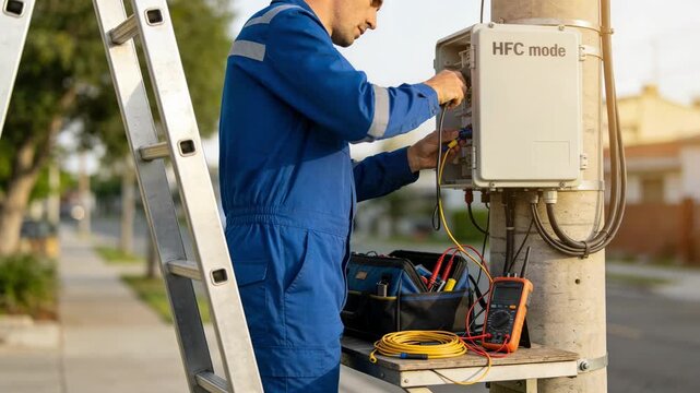 Technician performing signal testing on an HFC node mounted on a utility pole with a clear view of tools and equipment blurred environment.