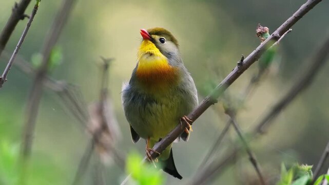 Colorful Red-billed Leiothrix Bird Perched on Tree Branch in Soft Bokeh Background